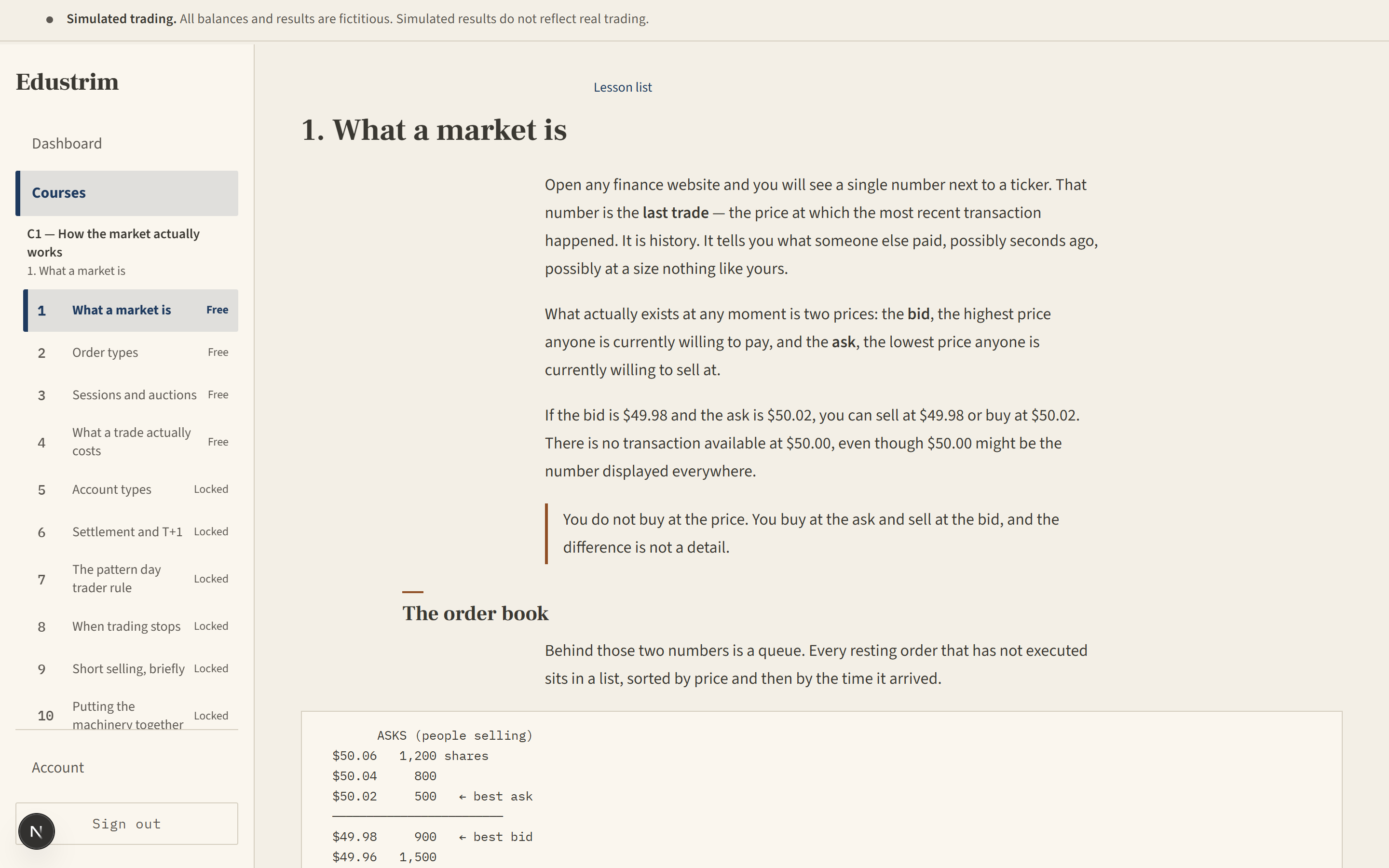 A C1 lesson page: the course text, an exercise, and the lesson list in the sidebar.